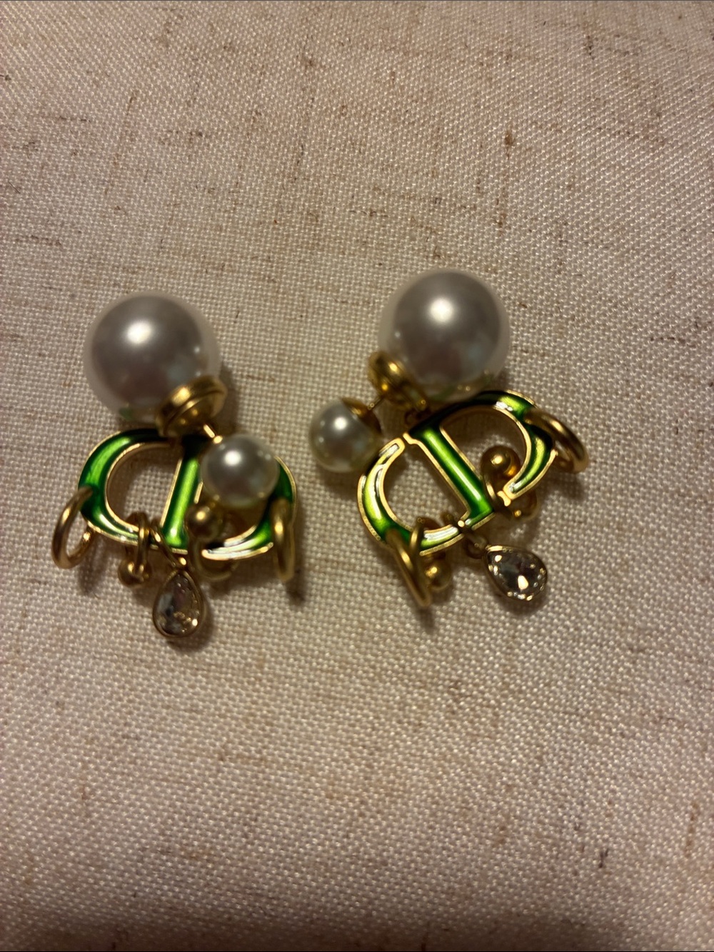 Dior Gold-Tone Tribales Green Enamel Pearl Drop Earrings